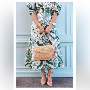JOHANNA ORTIZ H&M Green White Palm Leaf Tropical Print Linen Midi Dress